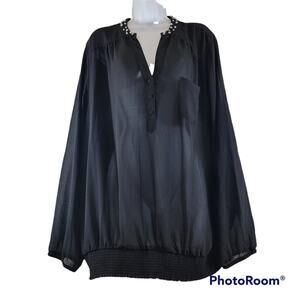 Torrid Black Pearl Studded Collar V-Neck Pocket Sheer Long Sleeve Blouse Sz 3/3x